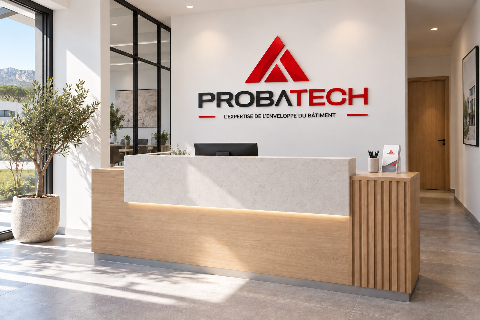 Projection d’un accueil de bureau PROBATECH avec comptoir et enseigne en relief