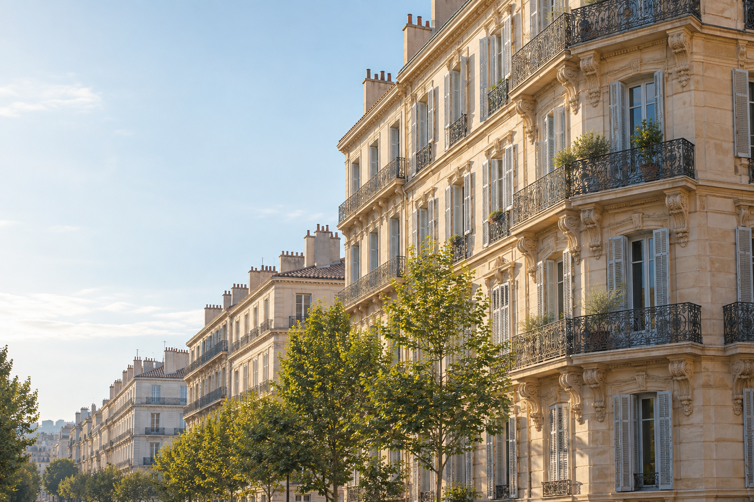 Illustration d’immeubles en pierre blonde et balcons en ferronnerie, d’inspiration marseillaise
