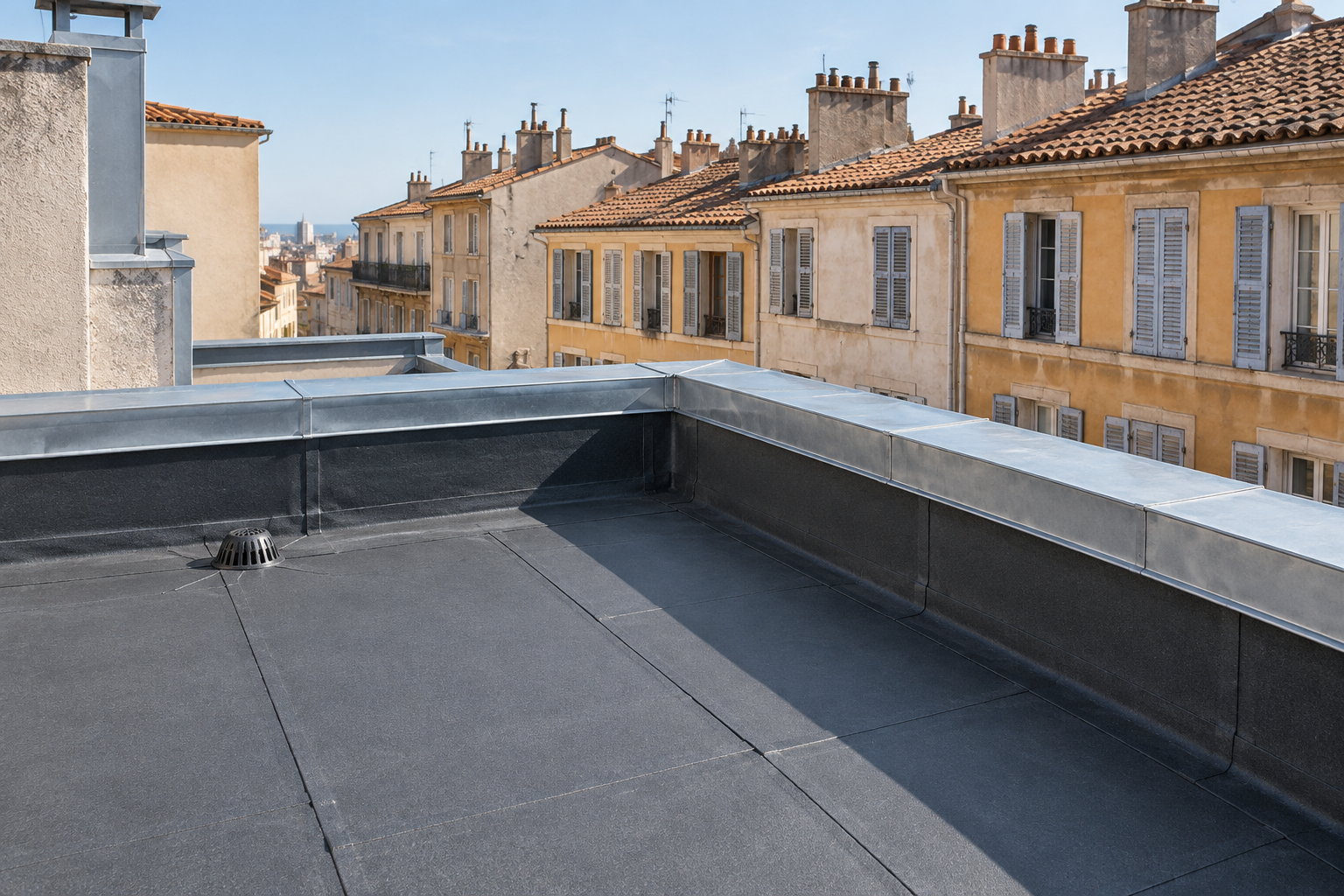 Illustration d’une toiture-terrasse dans un environnement urbain méditerranéen