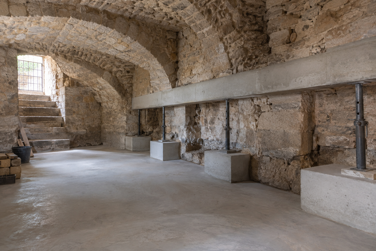 Illustration de travaux de renforcement dans une cave française en pierre